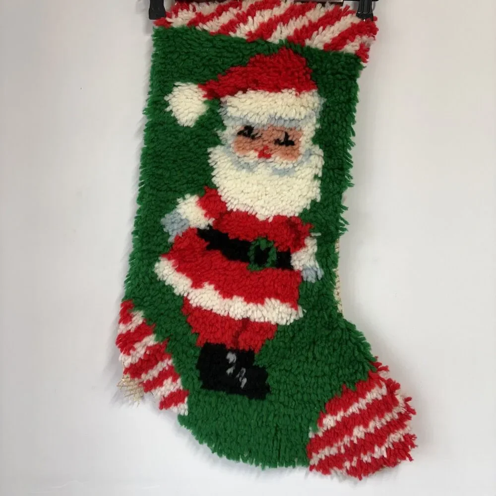Vintage Santa Claus Christmas Stocking Latch Hook Kitsch Shag